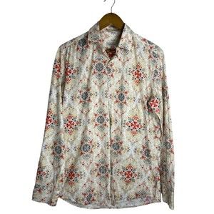 Vercini Mens Size Medium Cream Red Blue Dress Shirt 100% Cotton Long Sleeve